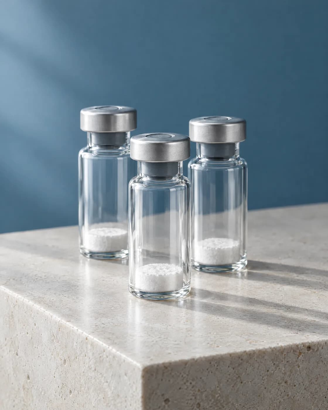 Three sealed lyophilised research vials on a limestone plinth